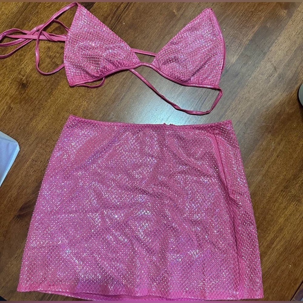 Fashion Nova Pink Rhinestone Bikini Top & Skirt Set